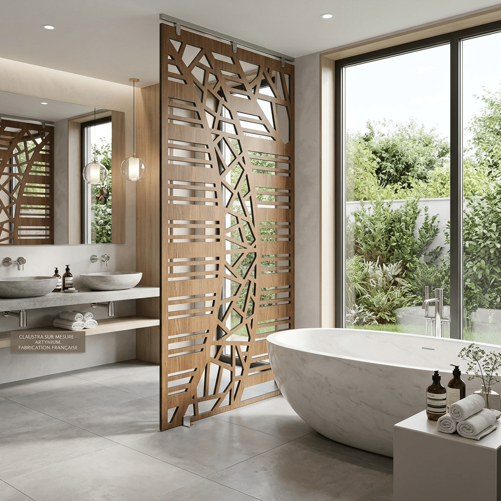 Salle de bain moderne avec baignoire et claustra bois.