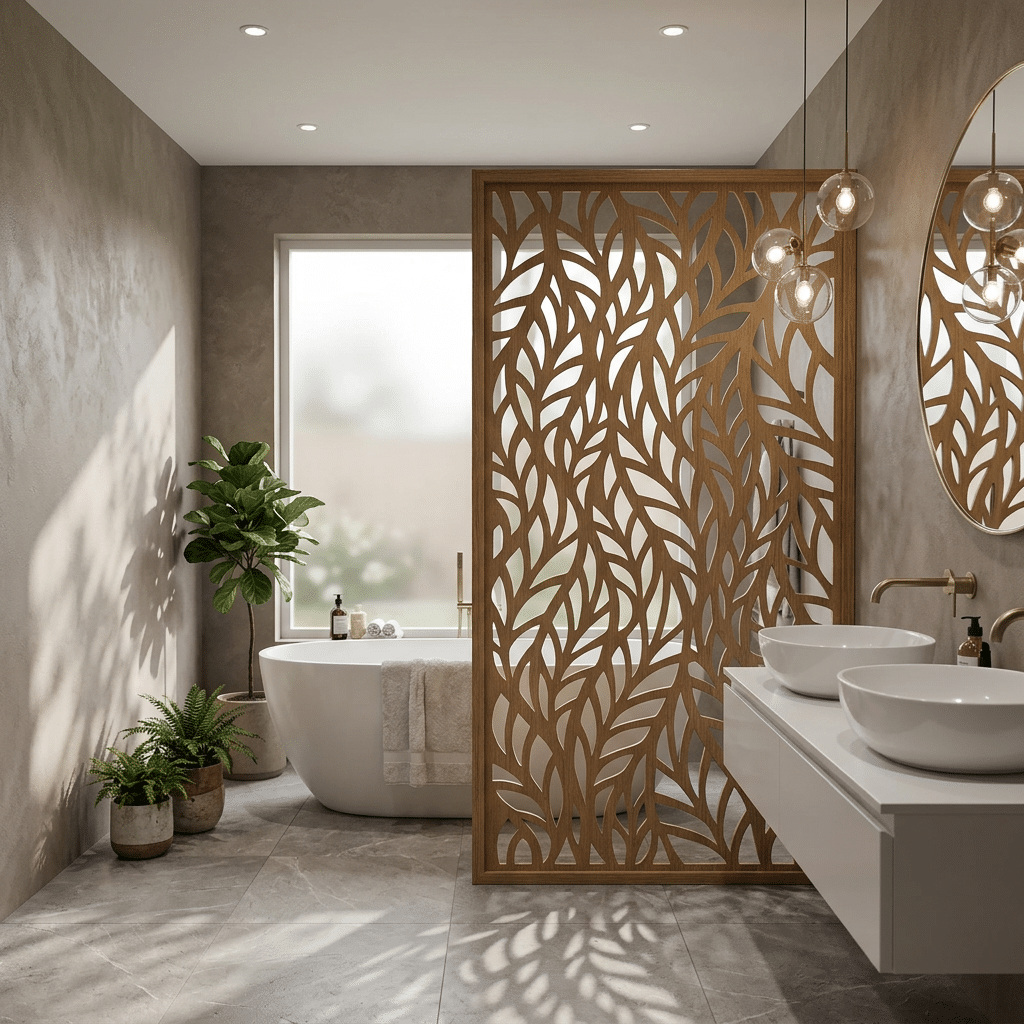 Salle de bain moderne avec décor en bois ajouré