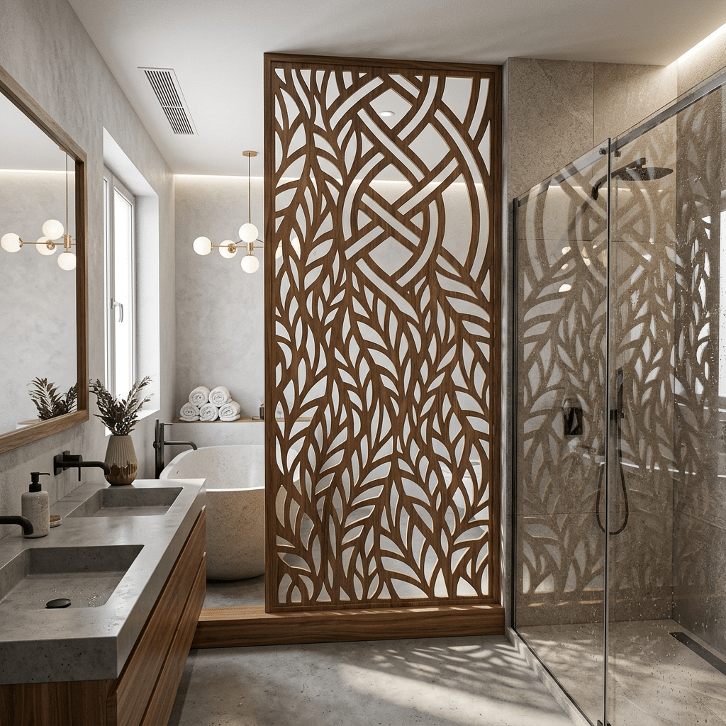 Salle de bain moderne avec cloison bois décorative