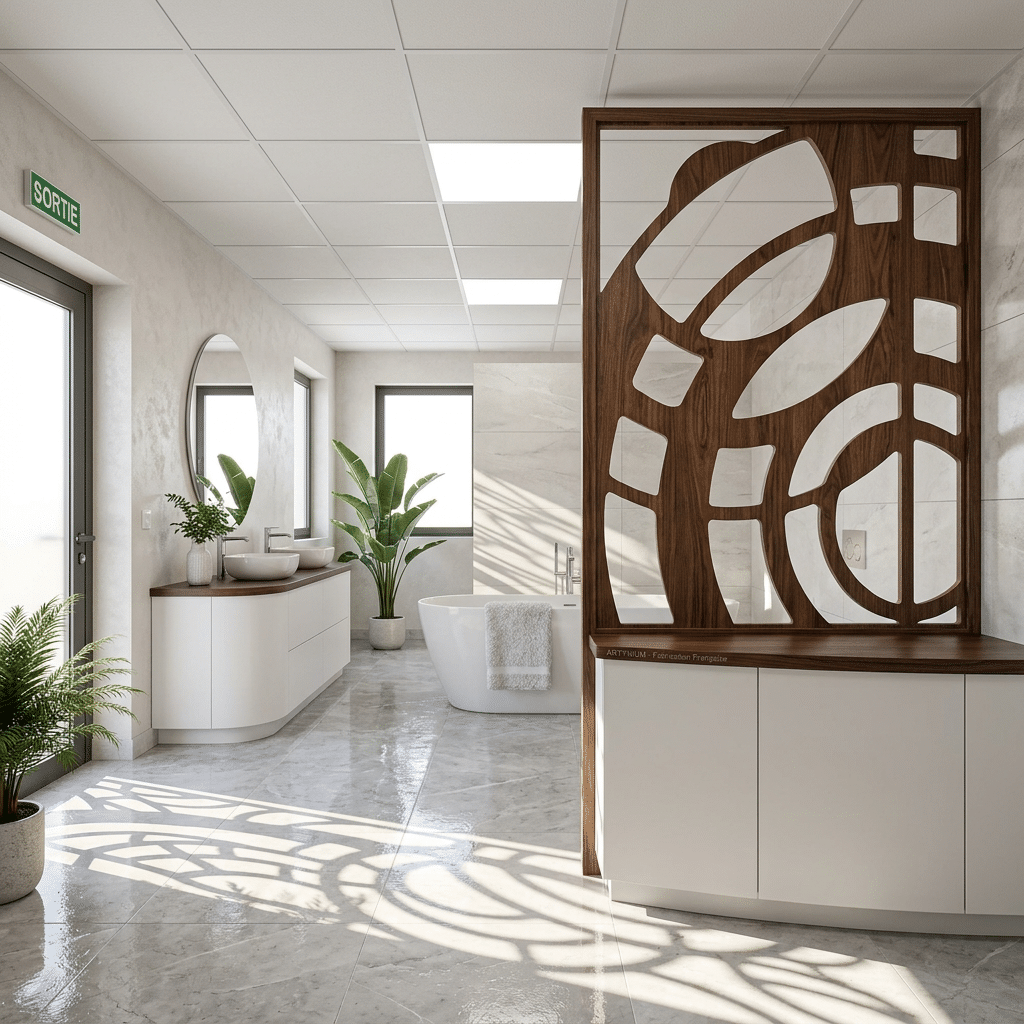 Salle de bain moderne lumineuse avec baignoire et plantes